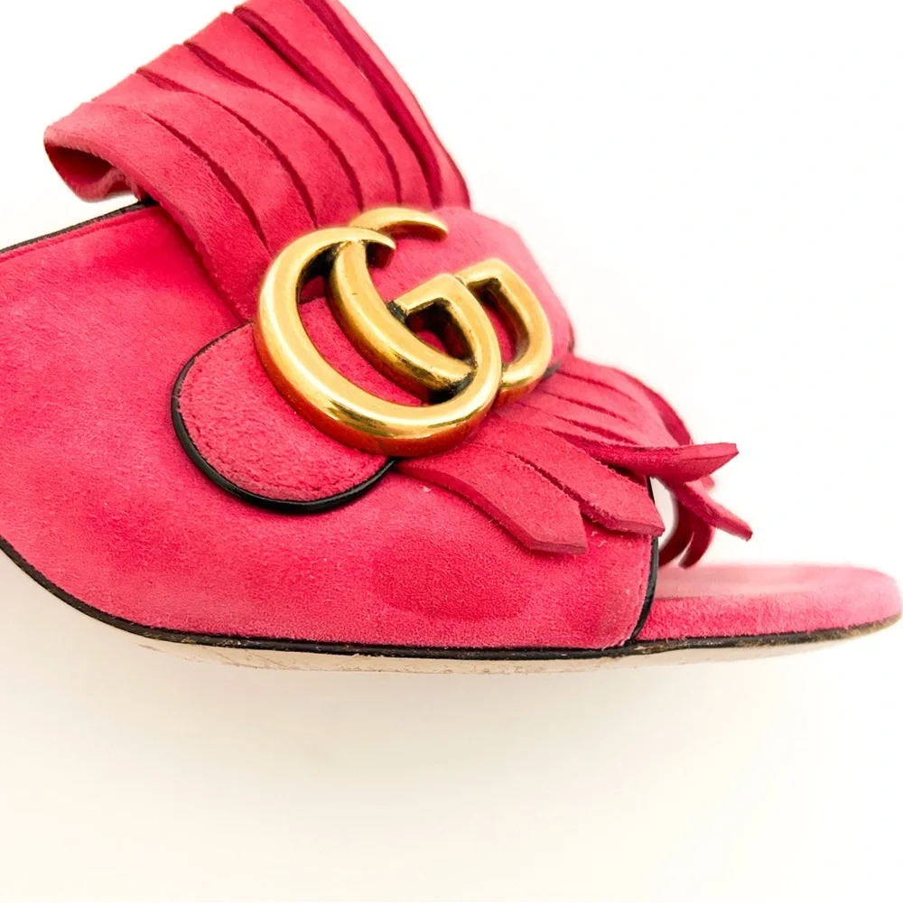 Gucci Marmont GG Logo Hot Pink Red Suede Fringed High Heeled Mules Slides 37.5 - Picture 9 of 12